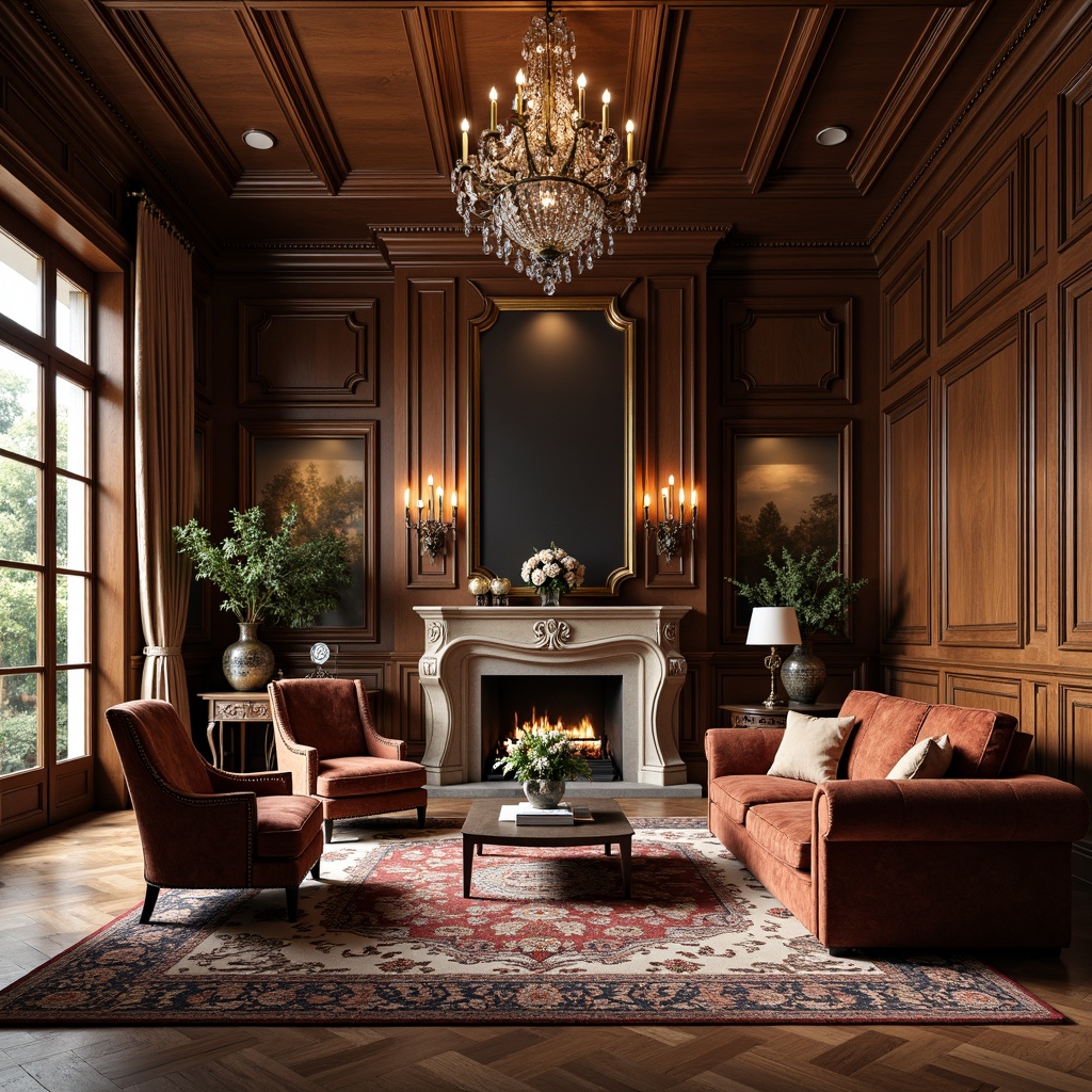 Prompt: Elegant living room, rich wood tones, ornate carvings, velvet upholstery, luxurious fabrics, antique furniture pieces, classic roll-arm sofas, refined wingback chairs, ornamental coffee tables, decorative vases, crystal chandeliers, subtle warm lighting, soft focus, 1/1 composition, neutral color palette, timeless design, sophisticated ambiance, intricate moldings, plush area rugs.