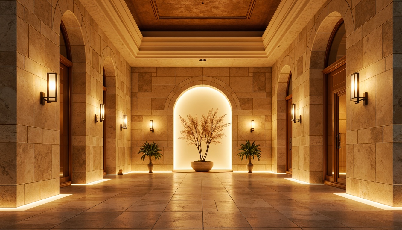 Prompt: Luminous limestone walls, warm golden lighting, soft glowing ambiance, recessed LED lights, minimalist fixtures, sleek metal accents, natural stone floors, earthy color palette, organic textures, subtle shadows, dramatic high ceilings, grand archways, elegant columns, sophisticated chandeliers, futuristic sconces, ambient occlusion, realistic materials, 1/1 composition, shallow depth of field, warm sunny day.