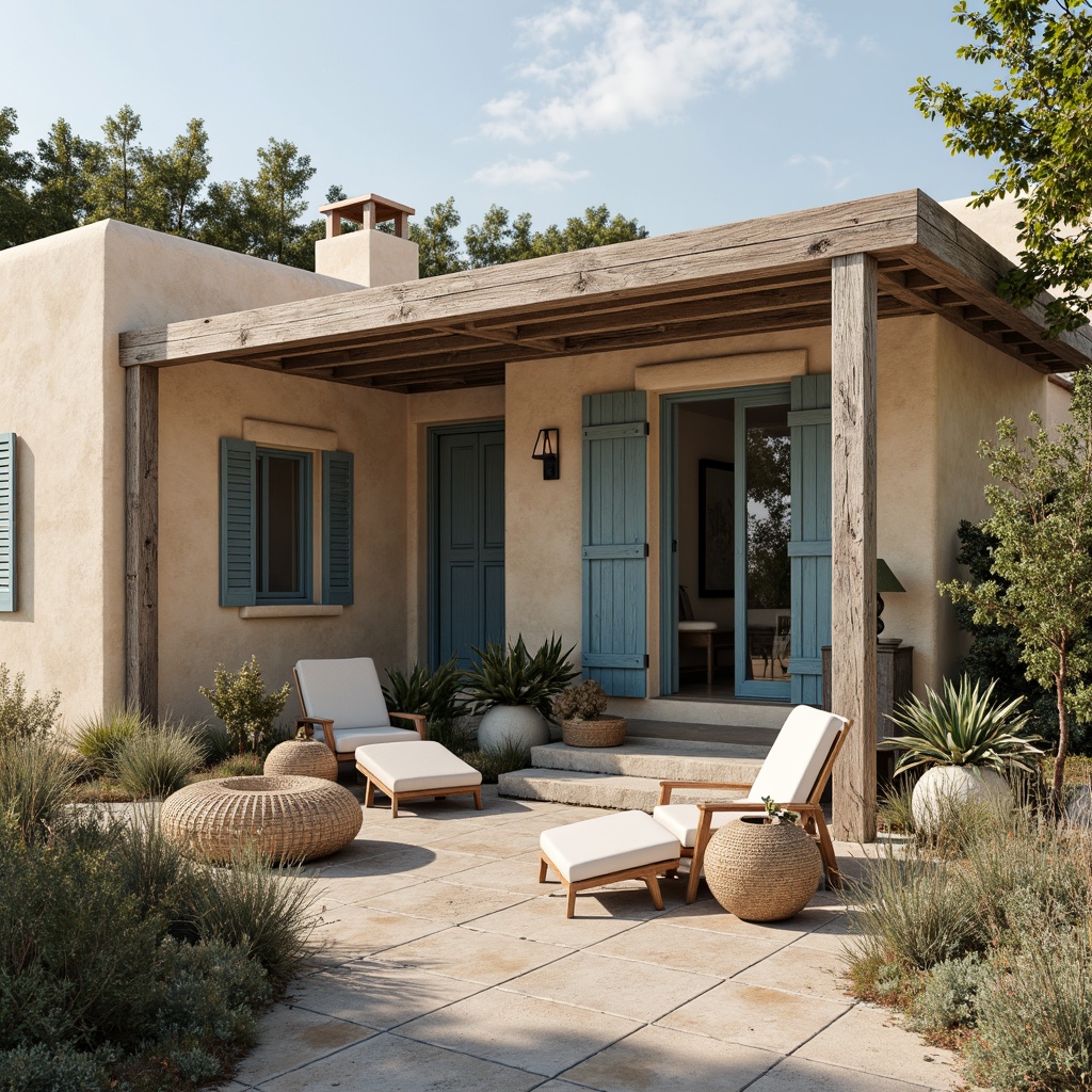 Prompt: Rustic coastal cottage, weathered wooden planks, distressed paint finishes, coral-inspired color palette, ocean-breeze textures, driftwood accents, sandy dunes, sea salt air, natural light, soft warm glow, shallow depth of field, 1/1 composition, realistic renderings, ambient occlusion, warm beige stucco, rough-hewn stone walls, nautical rope details, faded blue shutters, whitewashed windows, beachy vibe.