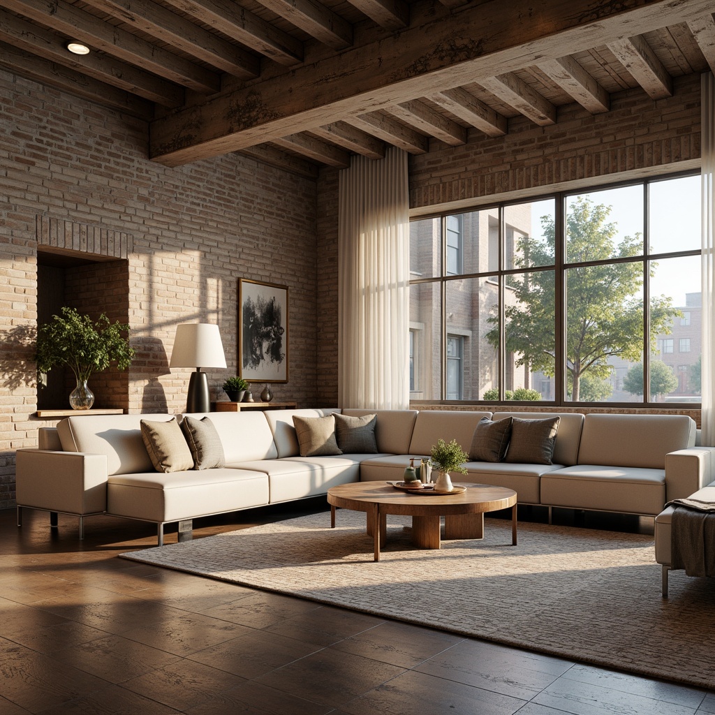 Prompt: Luxurious living room, metallic accents, polished chrome legs, sleek coffee tables, industrial-chic lamps, reclaimed wood flooring, exposed brick walls, urban loft atmosphere, warm beige tones, cozy throw blankets, modern sectional sofas, geometric patterned rugs, floor-to-ceiling windows, natural light pouring in, softbox lighting, 1/2 composition, minimalist decor, subtle reflections, ambient shadows.