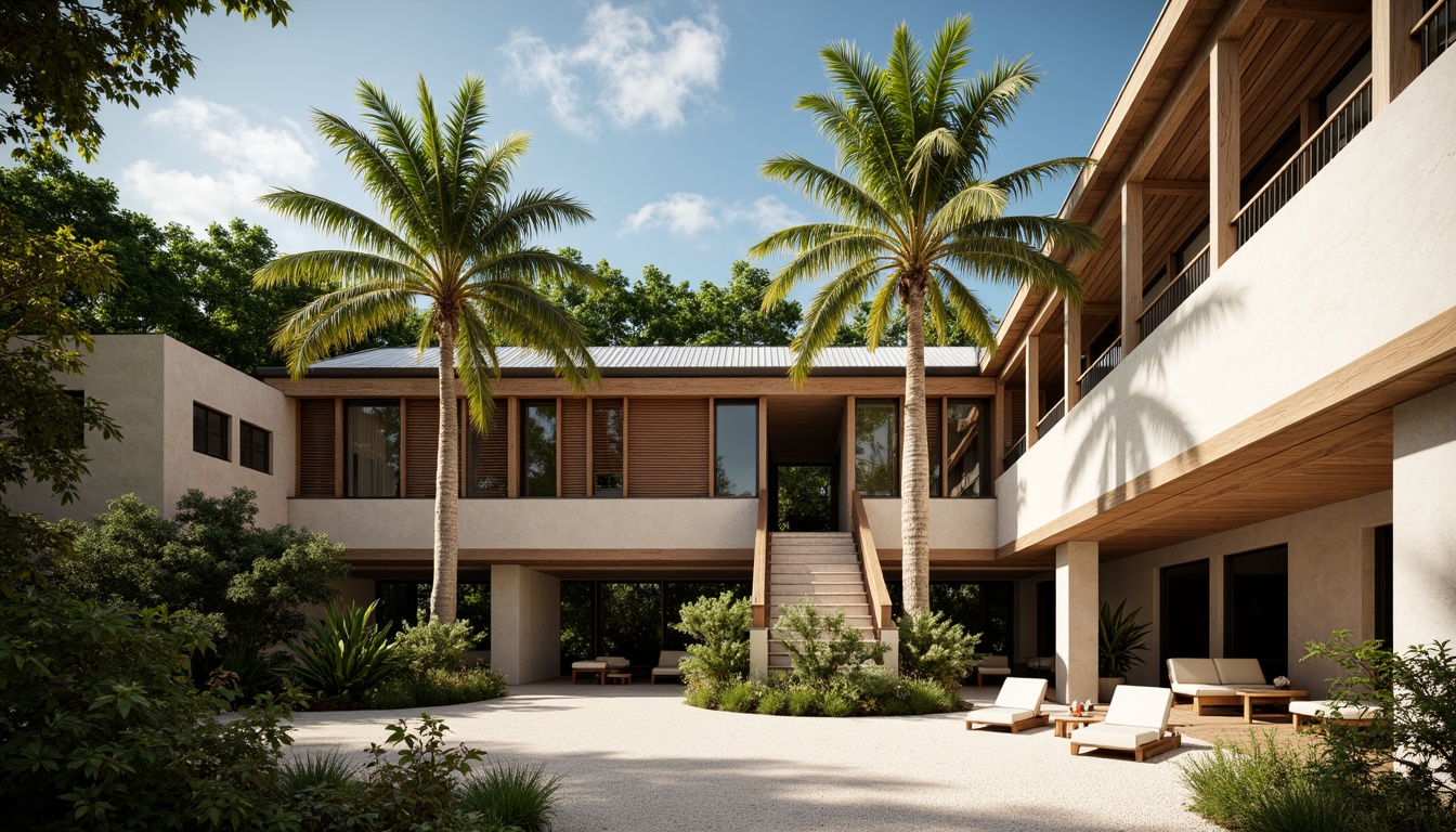 Prompt: Tropical style building, high ceiling, large windows, natural ventilation, wooden louvers, jalousie windows, concrete walls, corrugated metal roofs, lush greenery, palm trees, warm sunny day, soft diffused lighting, shallow depth of field, 1/1 composition, realistic textures, ambient occlusion, clerestory windows, solar tubes, windcatchers, evaporative cooling systems, shading devices, overhanging eaves, open interior spaces, minimalist decor.