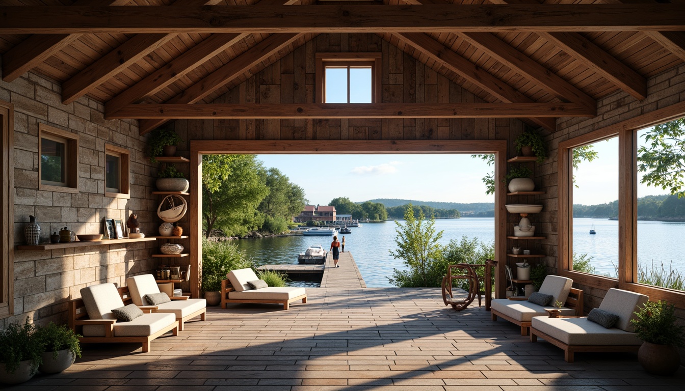 Prompt: Waterfront location, rustic wooden dock, tranquil lake views, open-air deck, natural stone flooring, wooden beams, nautical-themed decorations, vintage boat displays, cozy reading nooks, plush furnishings, warm soft lighting, shallow depth of field, 1/1 composition, realistic textures, ambient occlusion, boathouse-style architecture, pitched rooflines, wooden shutters, water-inspired color palette, aquatic plants, sunny day, gentle breeze.