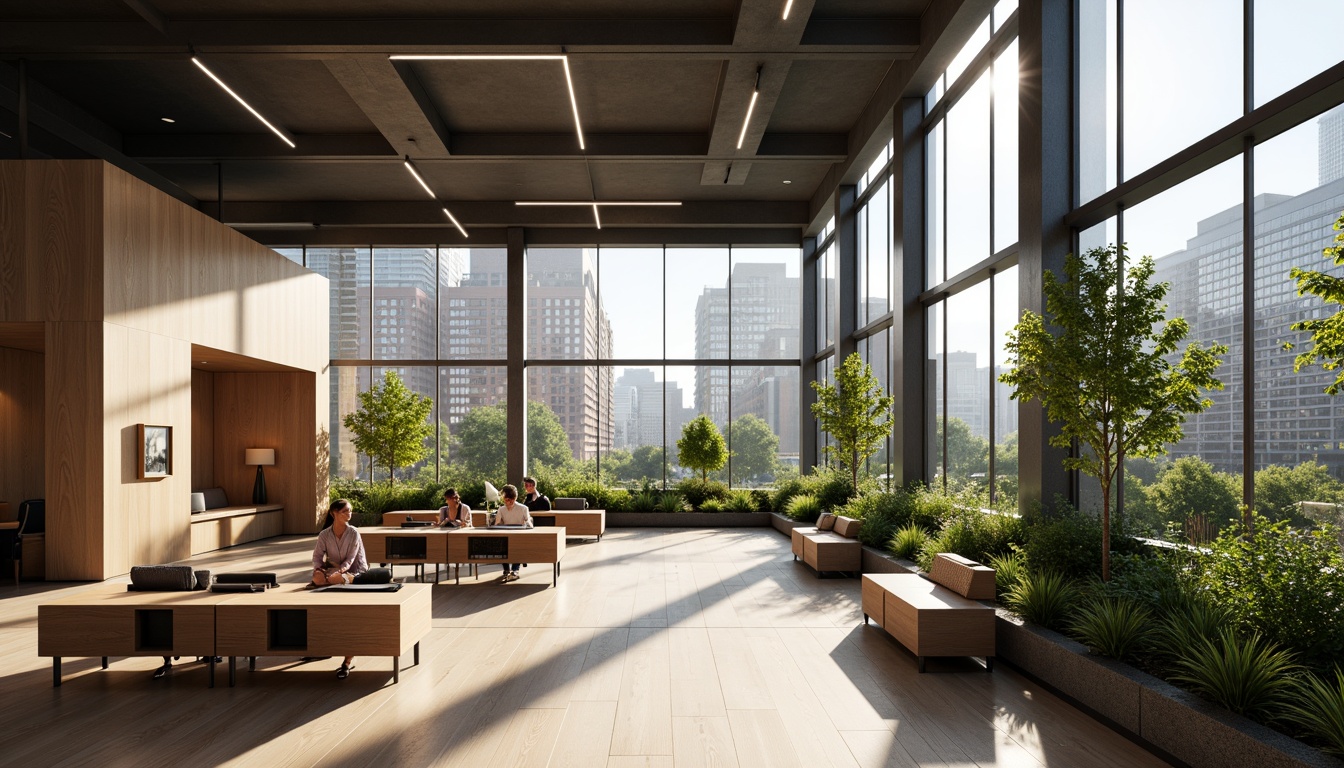 Prompt: Minimalist modern office, sleek metal frames, polished wooden floors, ergonomic workstations, collaborative open spaces, natural light-filled atriums, green walls, floor-to-ceiling windows, urban cityscape views, morning sunlight, soft warm lighting, shallow depth of field, 3/4 composition, panoramic view, realistic textures, ambient occlusion.