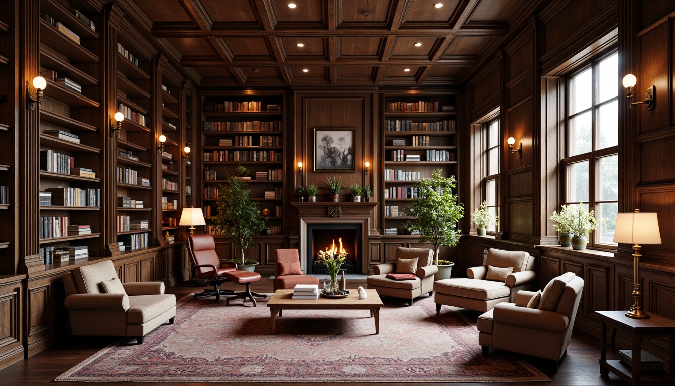 Prompt: Rich wooden bookshelves, comfortable reading nooks, elegant armchairs, plush area rugs, floor lamps, traditional rolling ladders, dark wood accents, earthy color palette, vintage leather-bound books, ornate metal fixtures, classic architectural details, high ceilings, large windows, natural light, soft warm glow, 1/1 composition, realistic textures, ambient occlusion.