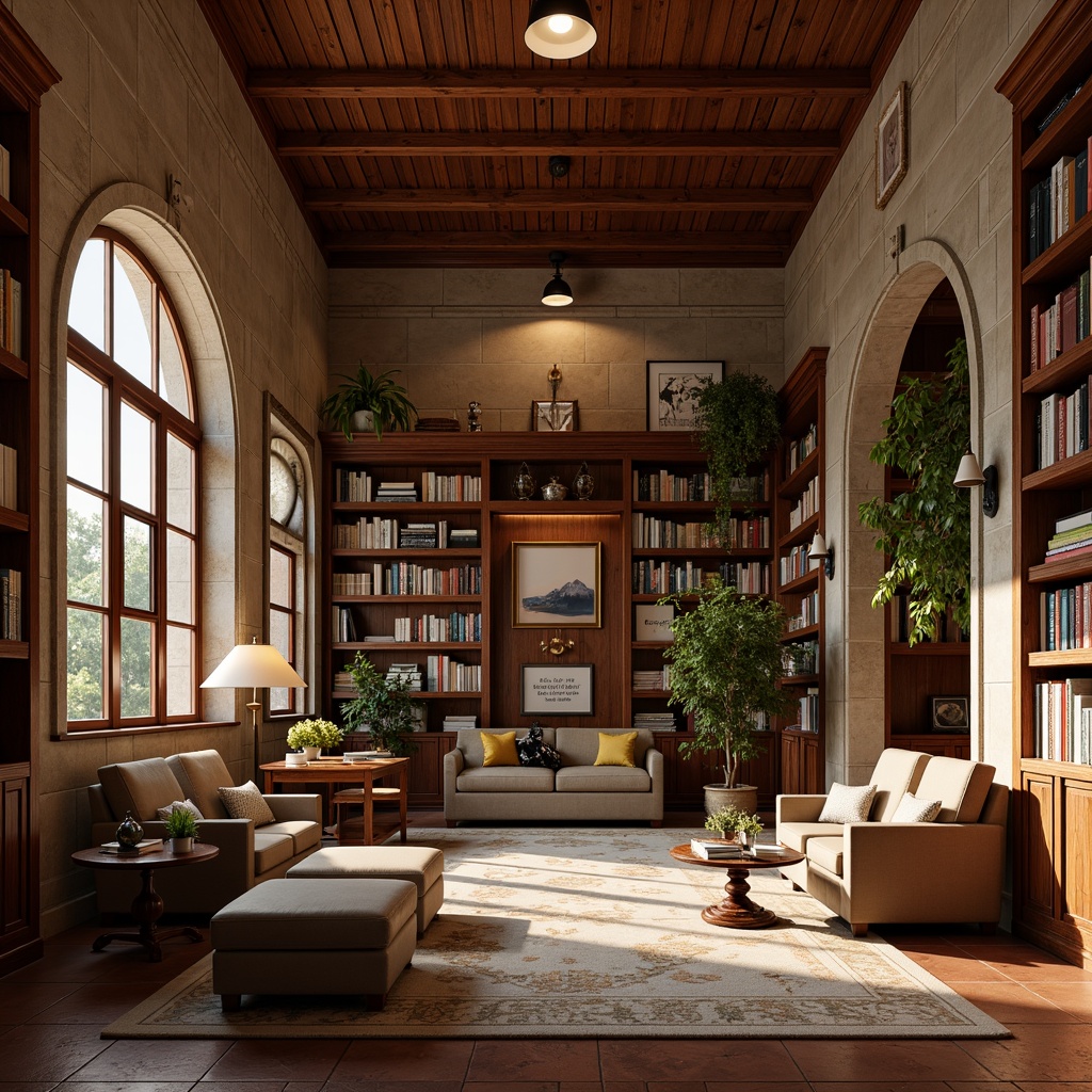 Prompt: Warm academic atmosphere, rich wood tones, comfortable reading nooks, cozy corners, soft warm lighting, natural stone walls, elegant archways, sophisticated bookshelves, vintage leather armchairs, ornate metal fixtures, earthy terracotta flooring, calm color scheme, muted pastel hues, creamy whites, soothing blues, vibrant yellows, abstract artwork, inspirational quotes, comfortable seating areas, quiet study zones, modern technology integration, minimal ornamentation, harmonious balance.