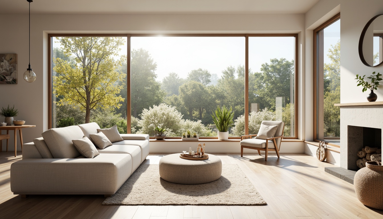 Prompt: Bright Nordic living room, large windows, minimalistic white walls, light wood flooring, modern Scandinavian furniture, cozy throw blankets, natural textiles, warm candlelight, soft diffused lighting, shallow depth of field, 1/1 composition, panoramic view, realistic textures, ambient occlusion, greenery views, blooming flowers, sunny day, gentle warm ambiance.