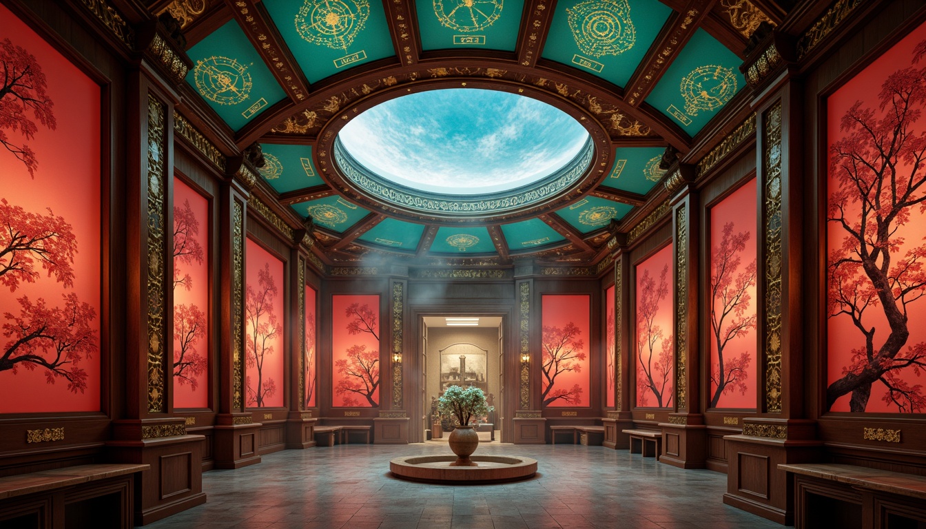 Prompt: Celestial planetarium, rich vermilion walls, ornate golden accents, intricate jade carvings, dark wood paneling, soft warm lantern lighting, subtle cherry blossom patterns, majestic dragon motifs, vibrant turquoise ceilings, stylized Japanese kanji characters, serene misty atmosphere, shallow depth of field, 1/1 composition, realistic textures, ambient occlusion.