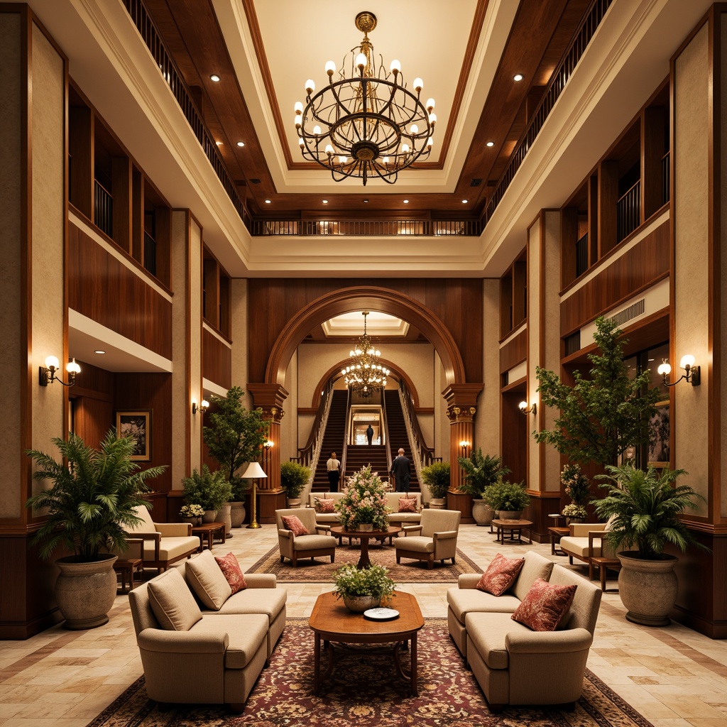 Prompt: Luxurious hotel lobby, rich wooden paneling, ornate chandeliers, plush velvet sofas, elegant armchairs, polished marble floors, intricate carpet patterns, antique furniture pieces, gilded frames, majestic columns, grand staircases, warm beige walls, soft golden lighting, shallow depth of field, 1/1 composition, symmetrical view, realistic textures, ambient occlusion, vintage decor accents, classic lines, sophisticated upholstery fabrics, subtle color palette.