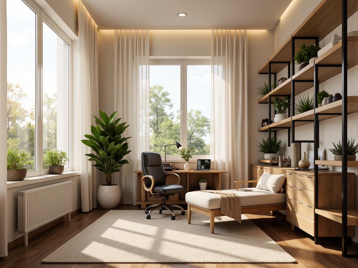 Prompt: Cozy home office, warm wooden desk, comfortable ergonomic chair, natural textures, soft cream-colored walls, subtle task lighting, under-cabinet LED strips, floor-to-ceiling windows, sheer white curtains, abundant daylight, gentle morning light, minimalist decor, sleek metal shelves, modern computer equipment, vibrant greenery, potted plants, calming ambiance, soft warm glow, layered lighting design, 1/1 composition, realistic renderings.