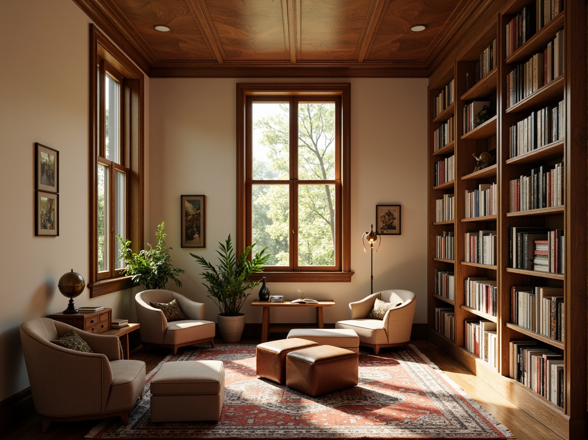 Prompt: Cozy library, warm beige walls, rich wood accents, comfortable reading nooks, plush armchairs, velvet ottomans, wooden bookshelves, floor-to-ceiling windows, natural light pouring in, soft warm lighting, classic novels, leather-bound books, vintage globe, elegant desk lamps, Moroccan-inspired rugs, sophisticated neutral tones, minimalist decor, subtle textures, shallow depth of field, 1/2 composition, realistic rendering.