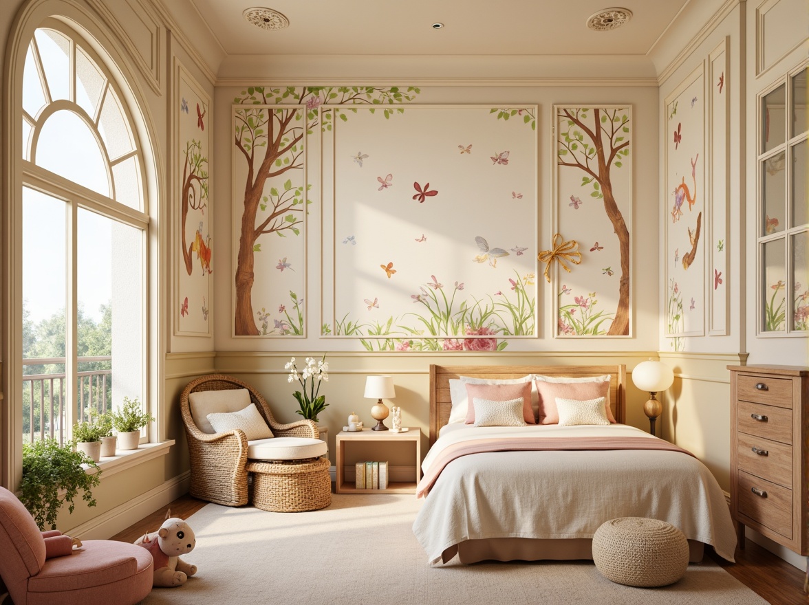 Prompt: Whimsical kid's room, flowing curves, ornate wooden panels, soft pastel colors, elegant stencils, nature-inspired motifs, winding vines, blooming flowers, delicate butterflies, gentle lighting, warm beige walls, creamy white trim, intricate moldings, ornamental ceiling medallions, luxurious fabrics, velvety textures, playful wallpaper patterns, fantastical creatures, dreamy atmosphere, shallow depth of field, 1/1 composition, soft focus, warm color palette.