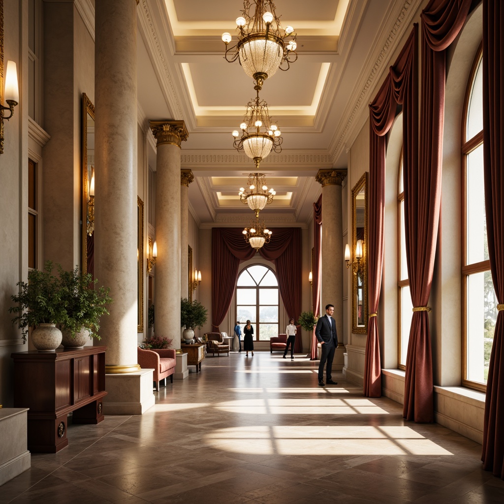 Prompt: Elegant hall interior, luxurious chandelier, rich wood flooring, cream walls, gold accents, velvet drapes, ornate mirrors, polished marble columns, soft warm lighting, shallow depth of field, 1/2 composition, realistic textures, ambient occlusion, earthy color palette, terracotta hues, mauve undertones, creamy whites, deep charcoal grays.