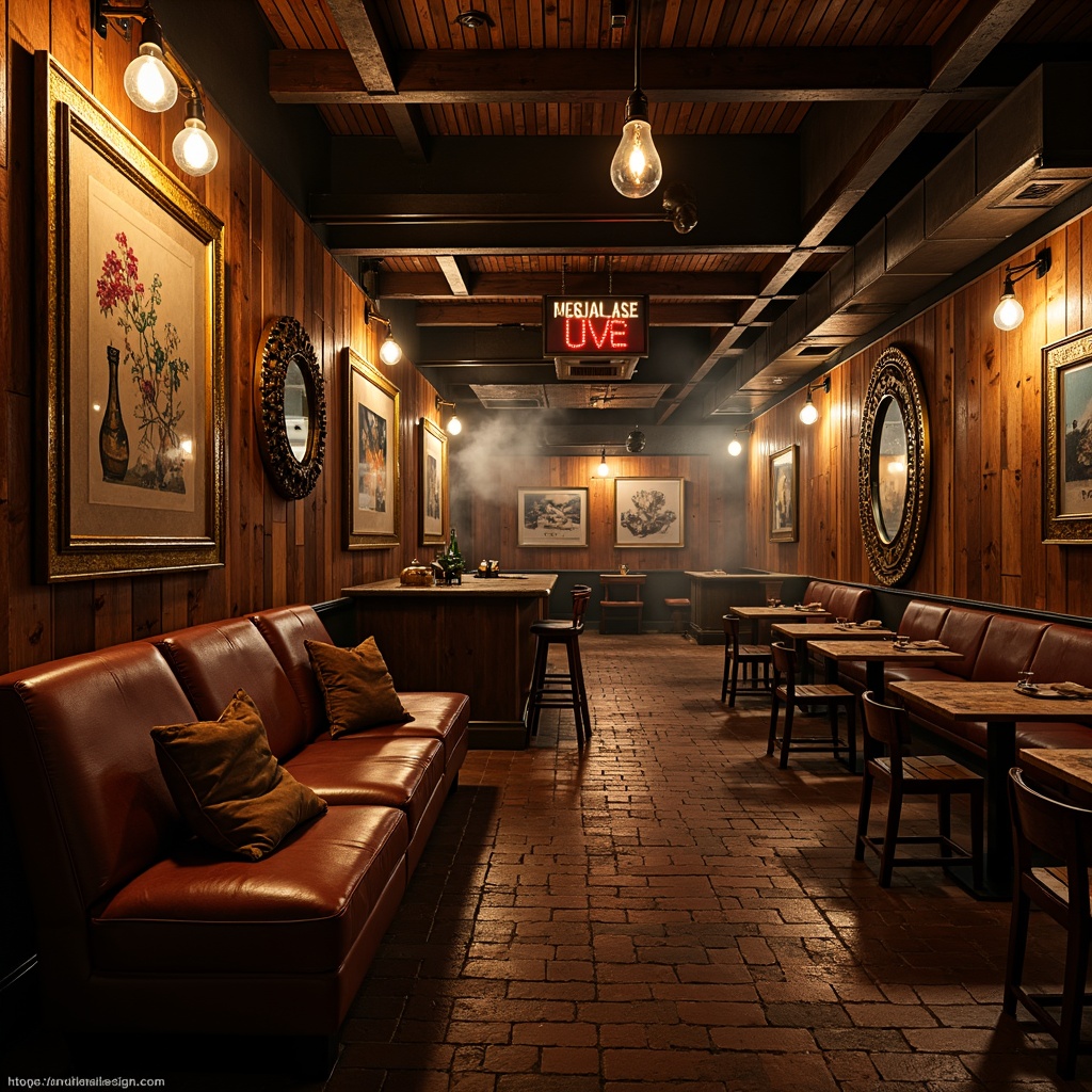 Prompt: Rustic nightclubs, reclaimed wooden walls, vintage metal signs, Edison bulb lighting, distressed leather sofas, worn brick floors, industrial steel beams, antique decorative artifacts, dim warm ambiance, soft focus, shallow depth of field, 2/3 composition, atmospheric smoke effects, rich wood tones, earthy color palette, natural stone accents, eclectic artwork, metallic decorations, ornate mirrors, plush velvet drapes.