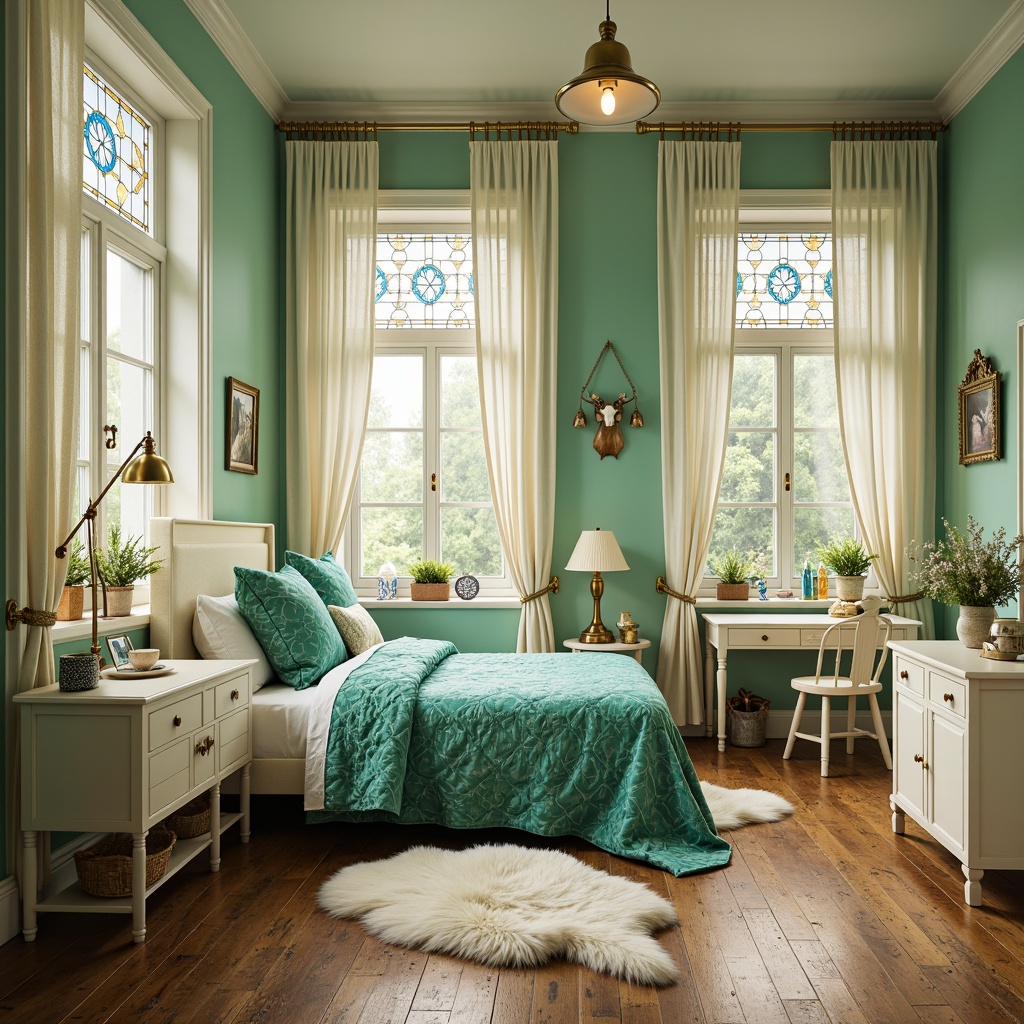 Prompt: Whimsical children's bedroom, soft mint green walls, warm golden accents, creamy white furniture, delicate florals, intricate botanical patterns, ornate metal fixtures, stained glass windows, vibrant turquoise bedding, plush velvet pillows, natural wood flooring, gentle morning light, shallow depth of field, 1/1 composition, romantic ambiance, dreamy atmosphere.