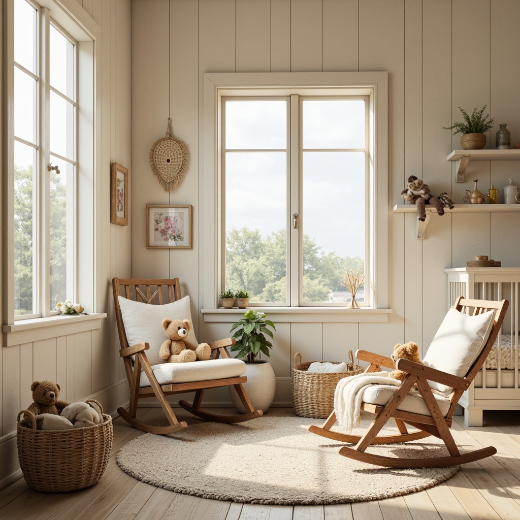 Prompt: Whimsical baby room, farmhouse style, soft creamy walls, distressed wood furniture, vintage floral patterns, pastel color palette, plush teddy bears, wooden rocking chairs, woven baskets, natural fiber textiles, linen fabrics, gentle warm lighting, shallow depth of field, 1/1 composition, intimate atmosphere, cozy reading nook, nursery rhyme illustrations.