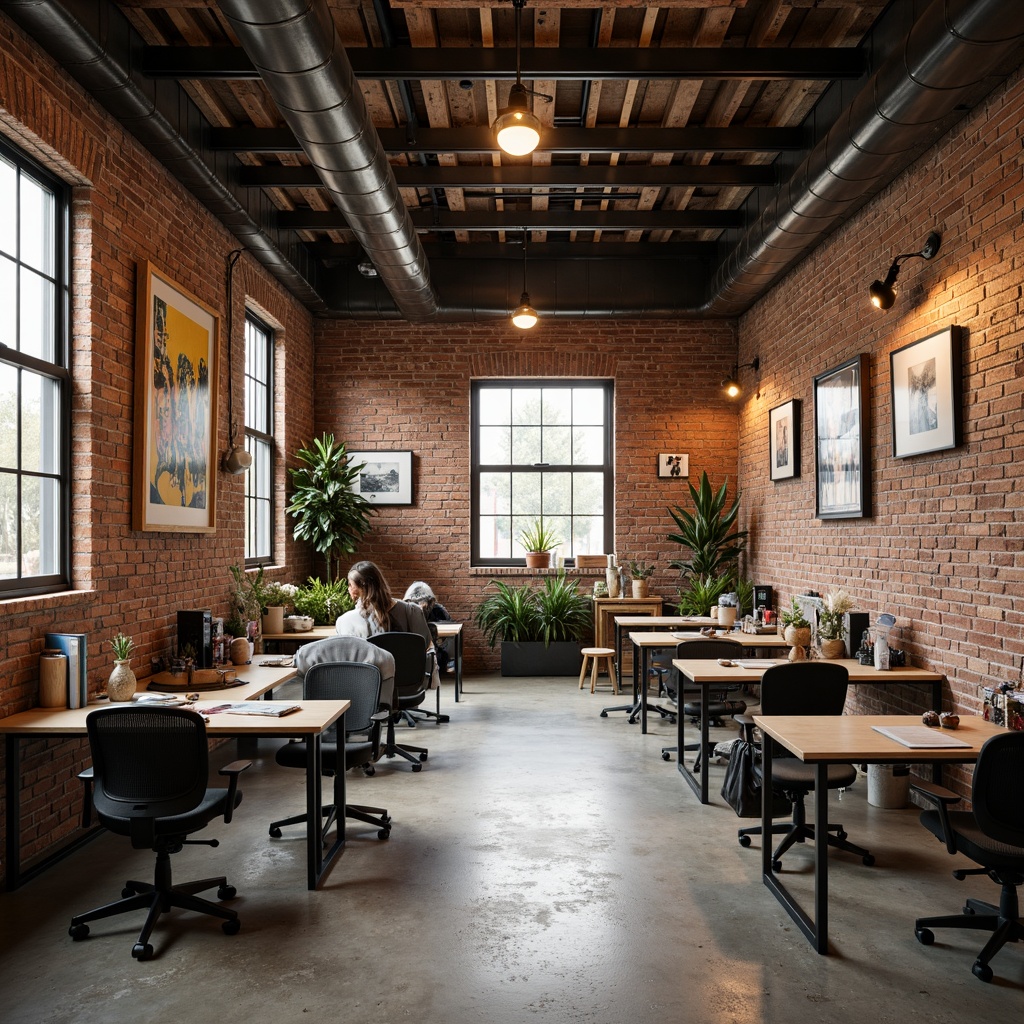 Prompt: Exposed brick walls, industrial metal beams, reclaimed wood accents, concrete floors, Edison bulb lighting, minimalist desks, ergonomic chairs, modern art pieces, geometric patterns, brutalist architectural elements, natural textiles, earthy color palette, abundant natural light, 3/4 composition, shallow depth of field, realistic textures, ambient occlusion, creative workstations, collaborative zones, acoustic panels, innovative storage solutions, eclectic decorative objects, artisanal craft tools, makerspace atmosphere.