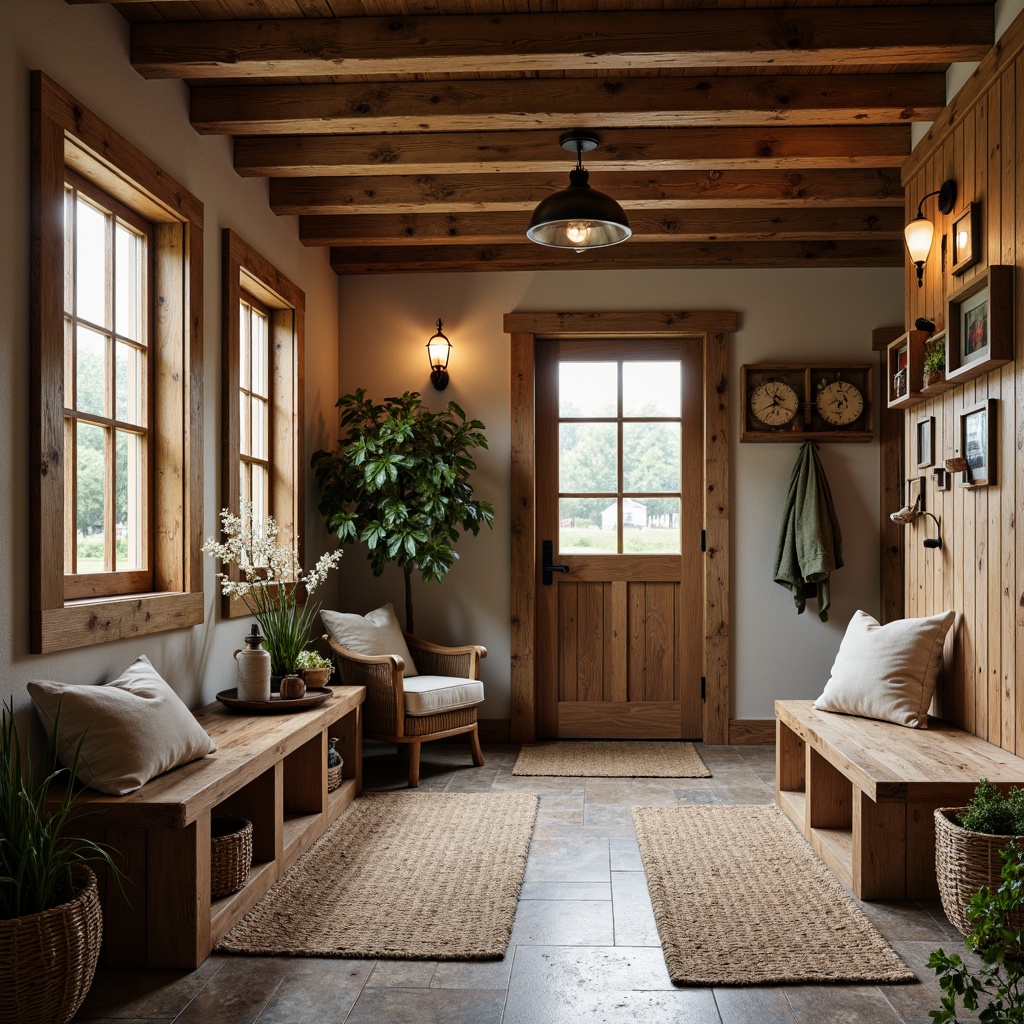 Prompt: Rustic mudroom, farmhouse style, distressed wood flooring, reclaimed barn wood planks, weathered stone tile, natural fiber rugs, earthy color palette, warm ambient lighting, cozy bench seating, vintage metal hooks, woven baskets, galvanized steel accents, exposed wooden beams, soft warm glow, shallow depth of field, 1/1 composition, realistic textures, ambient occlusion.