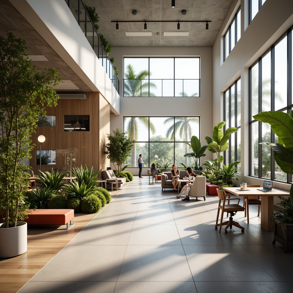 Prompt: Modern office design, minimalist aesthetic, open floor plan, collaborative workspaces, natural light pouring in, sleek wooden furniture, ergonomic chairs, green walls, living plants, airy atmosphere, soft warm lighting, shallow depth of field, 3/4 composition, panoramic view, realistic textures, ambient occlusion.