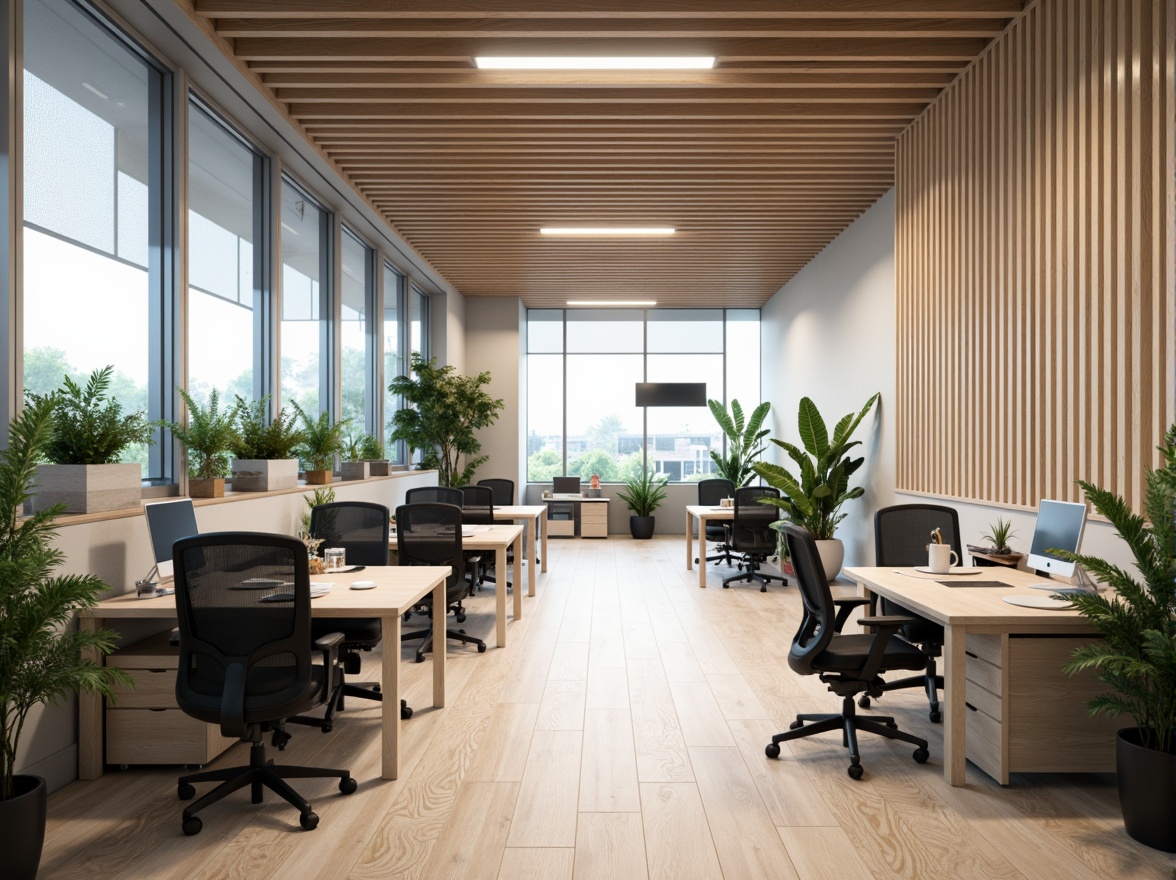 Prompt: Modern office space, ergonomic furniture, comfortable seating, adjustable desks, breathable mesh chairs, lumbar support, armrests, tilt functions, spacious legroom, natural wood accents, minimal decor, plenty of plants, soft overhead lighting, calming color scheme, 1/1 composition, shallow depth of field, realistic textures, ambient occlusion.