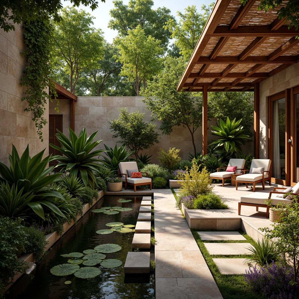 Prompt: Vibrant tropical plants, exotic flowers, natural stone walls, woven bamboo roofs, wooden accents, earthy tones, rattan furniture, lush greenery, water features, koi ponds, tranquil ambiance, soft warm lighting, shallow depth of field, 3/4 composition, panoramic view, realistic textures, ambient occlusion.