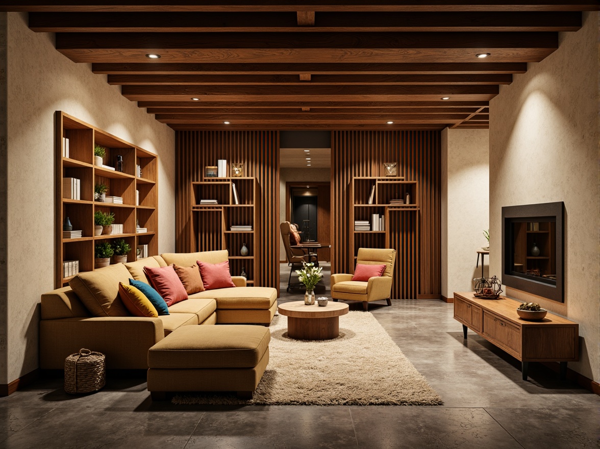 Prompt: Cozy basement, warm earthy tones, rich wood accents, soft cream walls, dark grey stone floors, industrial metal beams, modern minimalist decor, vibrant accent colors, cozy reading nooks, plush area rugs, ambient warm lighting, shallow depth of field, 3/4 composition, realistic textures, atmospheric fog.