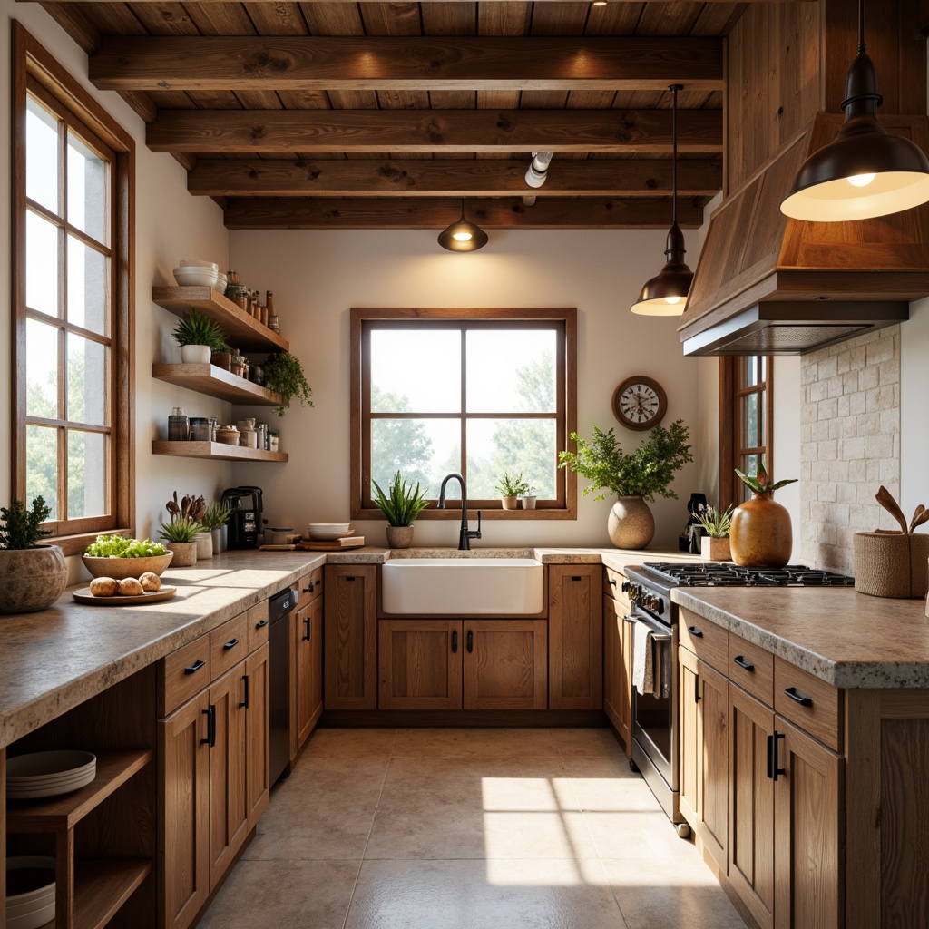 Prompt: Warm kitchen, rustic wooden cabinets, earthy tones, natural stone countertops, pendant lights, metal shades, warm bronze fixtures, recessed lighting, soft ambient glow, cozy nook, farmhouse sink, apron-front design, wooden beams, exposed ductwork, industrial-chic decor, matte black hardware, creamy white walls, warm beige floors, morning sunlight, softbox lighting, 1/1 composition, realistic textures, subtle depth of field.