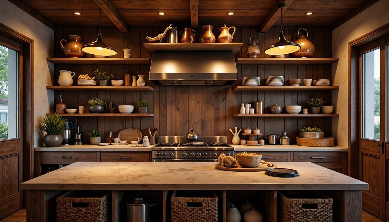 Prompt: Warm rustic pantry, wooden shelves, distressed finishes, vintage kitchenware, earthy tones, natural textures, woven baskets, ceramic jars, copper accents, pendant lighting, cozy atmosphere, soft warm glow, 1/1 composition, intimate scale, realistic reflections, ambient occlusion.Please let me know if this meets your requirements!