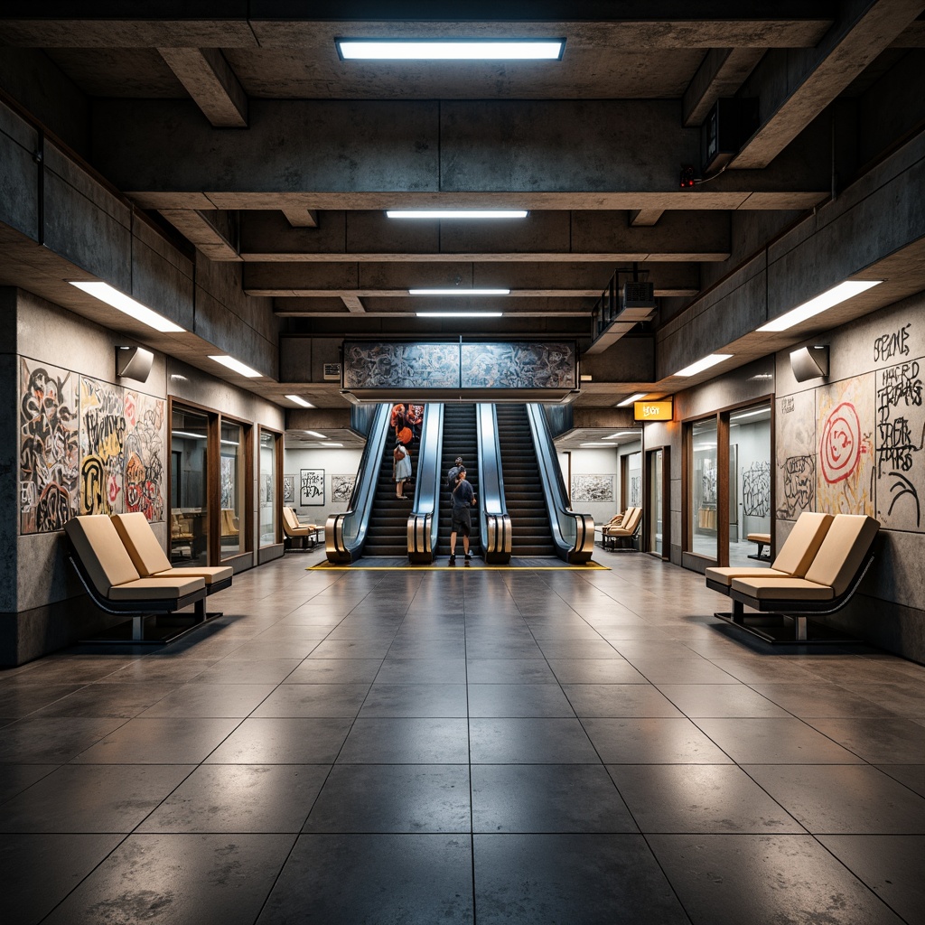 Prompt: Urban metro station, industrial chic atmosphere, exposed concrete walls, metallic beams, urban graffiti, LED lighting, futuristic escalators, modern ticketing systems, stainless steel handrails, sleek glass partitions, minimalist seating areas, polished stone floors, atmospheric mist, warm color tones, shallow depth of field, 1/2 composition, low-angle shot, realistic reflections, ambient occlusion.