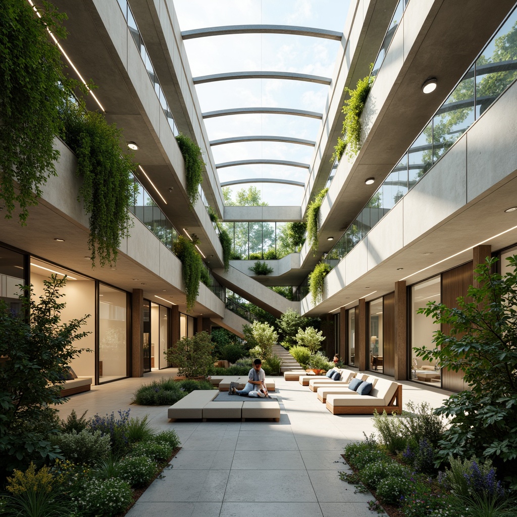 Prompt: Airy atrium, natural ventilation, minimalist decor, sleek lines, modern architecture, open floor plan, spacious interior, abundant daylight, floor-to-ceiling windows, sliding glass doors, seamless transitions, harmonious color palette, warm neutral tones, polished concrete floors, green walls, lush indoor plants, organic shapes, curved lines, inviting ambiance, soft diffused lighting, 1/1 composition, shallow depth of field, realistic textures.