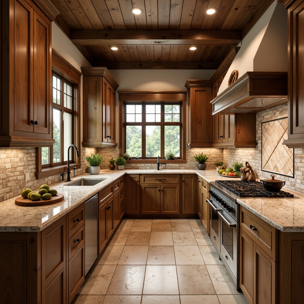 Prompt: Rustic kitchen, craftsman style, earthy tones, wooden cabinets, granite countertops, brick backsplash, natural stone textures, warm lighting, cozy atmosphere, traditional design elements, ornate metal hardware, ceramic tile accents, subtle patterns, creamy whites, soft grays, warm beiges, 3/4 composition, shallow depth of field, realistic renderings.