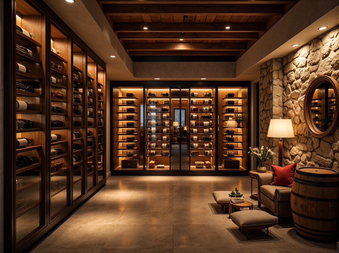 Prompt: Luxurious wine cellar, rich wood tones, dimmable LED lighting, warm golden glow, soft shadows, elegant stone walls, sophisticated metal racks, glass-enclosed wine storage, climate-controlled environment, humidifier system, comfortable seating area, rustic wooden barrels, vintage wine bottles, ornate metalwork, subtle color grading, low-key illumination, cinematic atmosphere, dramatic focal points, 1/2 composition, shallow depth of field, realistic reflections.