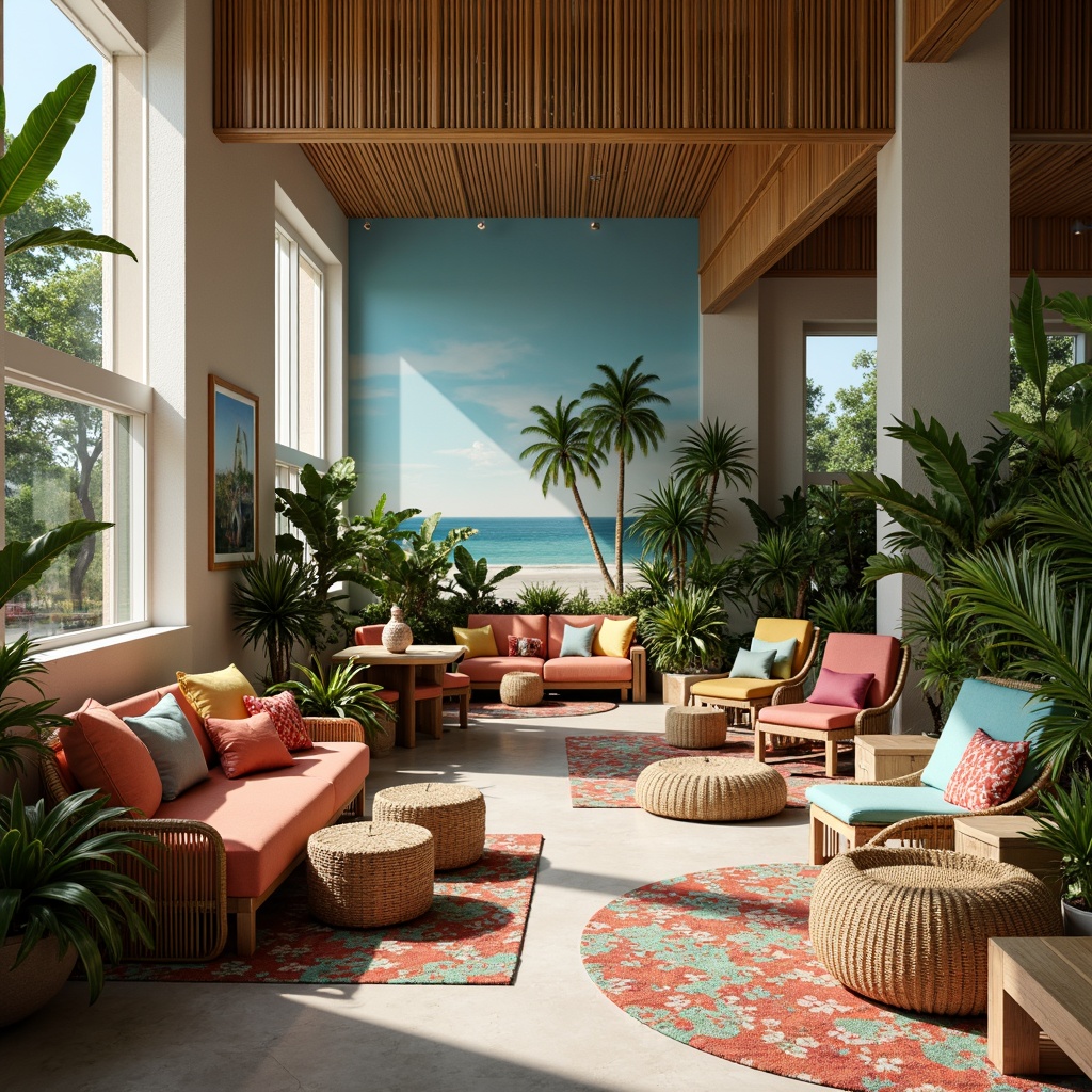 Prompt: Vibrant student lounge, tropical plants, rattan furniture, colorful throw pillows, wooden accents, natural textiles, woven baskets, bamboo chairs, comfy sofas, warm lighting, soft pastel colors, island-inspired decor, ocean-blue walls, coral-patterned rugs, palm tree silhouettes, relaxed atmosphere, cozy nooks, intimate seating areas, 1/2 composition, soft focus, shallow depth of field, warm color grading.