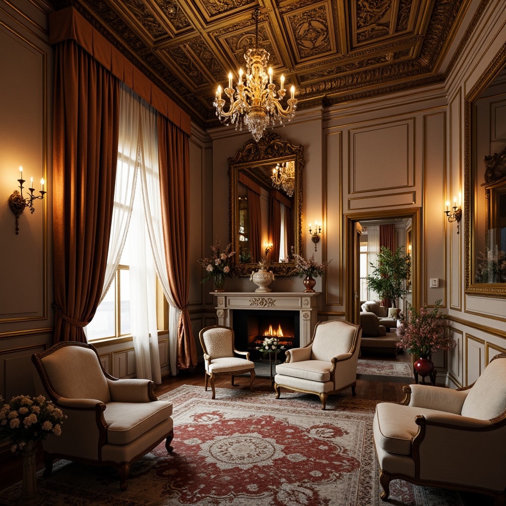 Prompt: Opulent boudoir, lavish furnishings, intricately carved wooden panels, gilded mirrors, ornate chandeliers, delicate lace curtains, plush velvet upholstery, soft golden lighting, subtle warm tones, 1/1 composition, shallow depth of field, realistic textures, ambient occlusion, French Renaissance-inspired architecture, curved lines, shell-shaped motifs, foliage patterns, luxurious fabrics, richly adorned walls, elegant marble fireplaces, extravagant ceiling decorations.