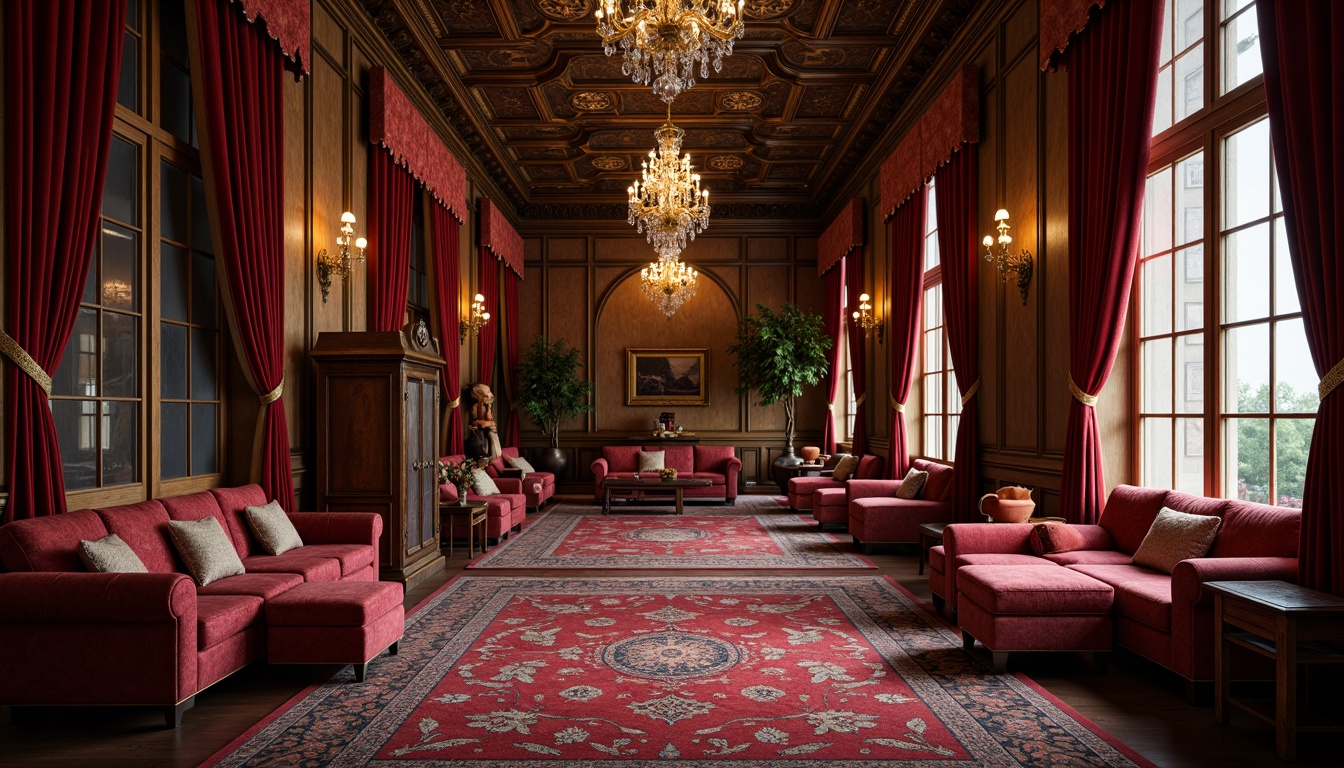 Prompt: Luxurious velvet fabrics, rich brocade patterns, intricate embroidery details, opulent silk drapes, antique furniture pieces, carved wooden accents, ornate gold leafing, crystal chandeliers, soft warm candlelight, intimate seating areas, formal symmetrical layouts, 1/1 composition, shallow depth of field, realistic textures, ambient occlusion.