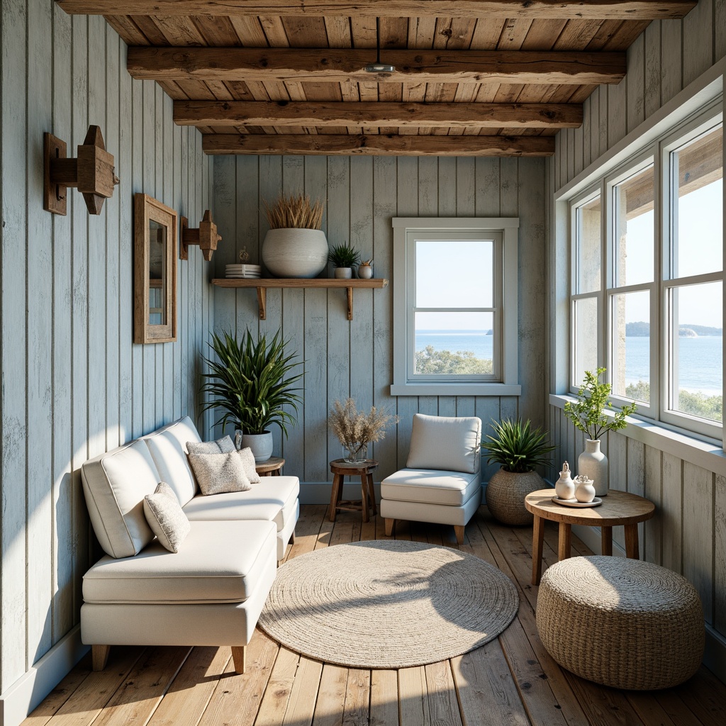 Prompt: Rustic beach cottage, weathered wooden planks, driftwood accents, ocean-inspired color palette, soft blue hues, creamy whites, sandy neutrals, natural textures, rough-hewn stone walls, pebbledash finish, sea-salt air, misty mornings, warm sunlight, shallow depth of field, 1/1 composition, intimate close-up shots, realistic wear and tear, ambient occlusion.