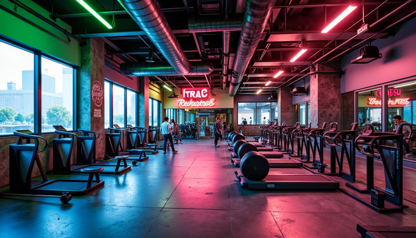 Prompt: Vibrant fitness studio, energetic atmosphere, bold color scheme, bright neon lights, dynamic shapes, modern gym equipment, sleek metal frames, motivational quotes, urban concrete floors, industrial-style windows, refreshing green walls, calming blue accents, warm wood tones, natural textures, shallow depth of field, 3/4 composition, panoramic view, realistic reflections, ambient occlusion.