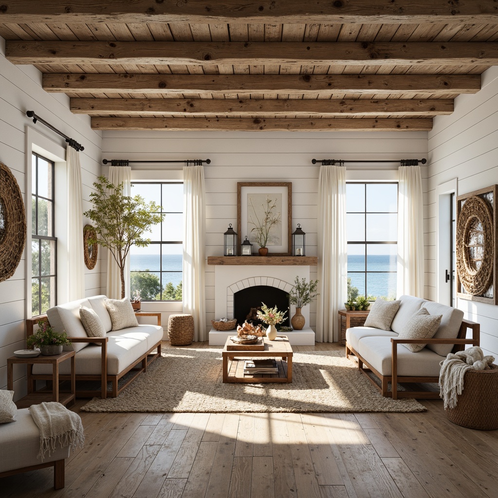 Prompt: Rustic farmhouse, coastal vibes, weathered wood accents, exposed beams, white shiplap walls, nautical decor, vintage fishing nets, driftwood furniture, jute rug, natural linen fabrics, distressed metal lanterns, soft ocean breeze, warm sunny day, shallow depth of field, 1/1 composition, atmospheric perspective, realistic textures, subtle grain effect.