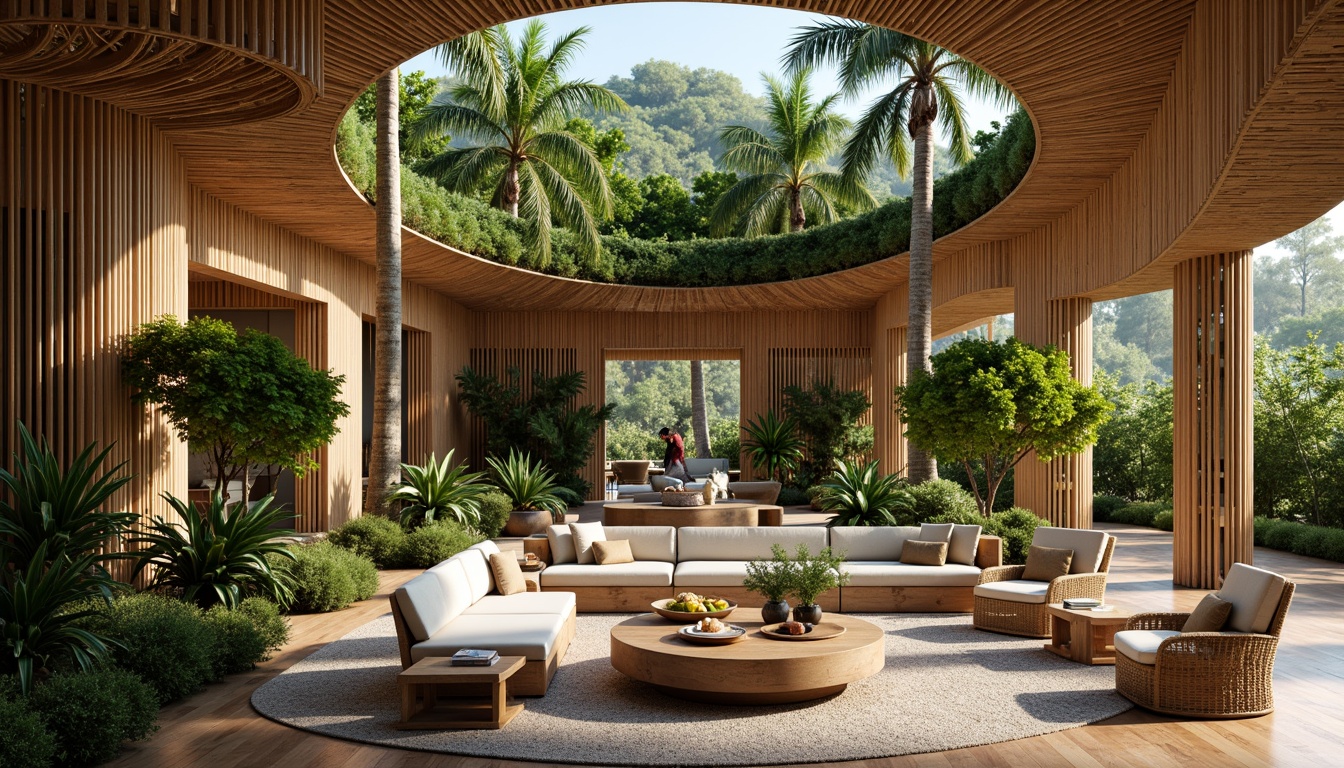 Prompt: Organic curves, reclaimed wood accents, living walls, green roofs, natural stone facades, earthy color palette, botanical patterns, woven textiles, rattan furniture, tropical plants, airy open spaces, abundant natural light, warm ambient glow, shallow depth of field, 1/2 composition, soft focus, realistic textures, atmospheric misting.