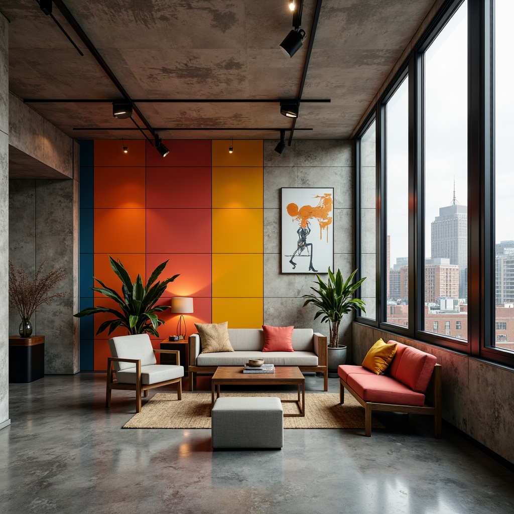 Prompt: Vibrant accent walls, bold geometric shapes, primary color blocks, industrial metal frames, functional minimalist furniture, rectangular windows, brutalist concrete structures, urban cityscape backdrop, overcast sky, dramatic spotlighting, high contrast shading, 1/2 composition, symmetrical balance, abstract art pieces, distressed textures, monochromatic color schemes, avant-garde decorative accents.