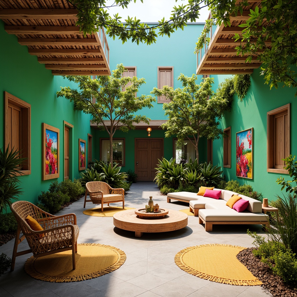 Prompt: Vibrant tropical youth center, open-air courtyard, lush green walls, colorful woven hammocks, reclaimed wood benches, natural fiber rugs, wicker peacock chairs, rattan coffee tables, bamboo pendant lights, exotic plants, bright coral accents, ocean-inspired murals, sunny day, soft warm lighting, shallow depth of field, 3/4 composition, panoramic view, realistic textures, ambient occlusion.Please let me know if this meets your requirements!