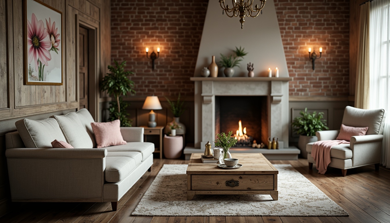 Prompt: Distressed wooden furniture, vintage decorative accents, soft pastel hues, romantic lace fabrics, ornate metal details, antique hardware, plush velvet upholstery, rustic wooden floors, distressed brick walls, natural stone fireplaces, cozy throw blankets, warm candlelight, shallow depth of field, 1/1 composition, intimate atmosphere, realistic textures, ambient occlusion.