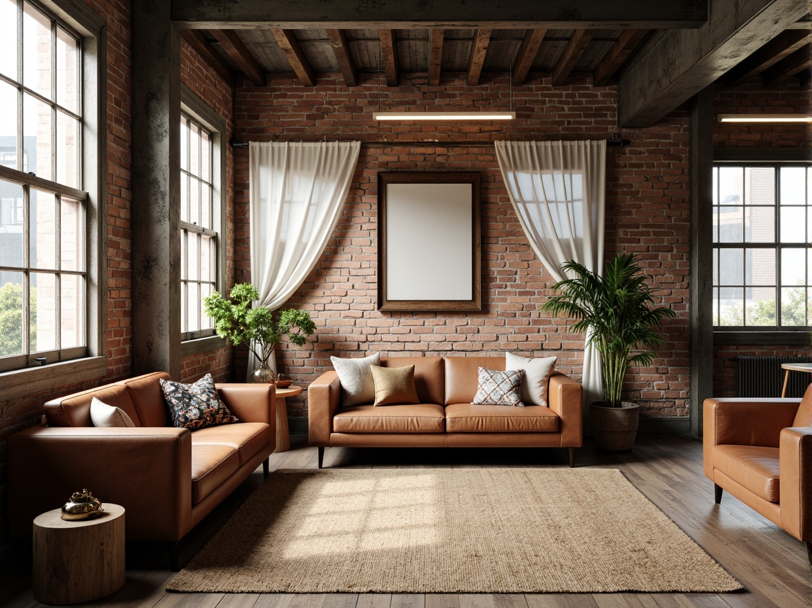 Prompt: Rustic industrial interior, exposed brick walls, metal beams, reclaimed wood floors, vintage factory windows, distressed leather furniture, woven jute rugs, natural linen upholstery, cotton canvas drapes, eclectic patterned throw pillows, modern minimalist decor, urban loft atmosphere, soft warm lighting, shallow depth of field, 1/1 composition, realistic textures, ambient occlusion.