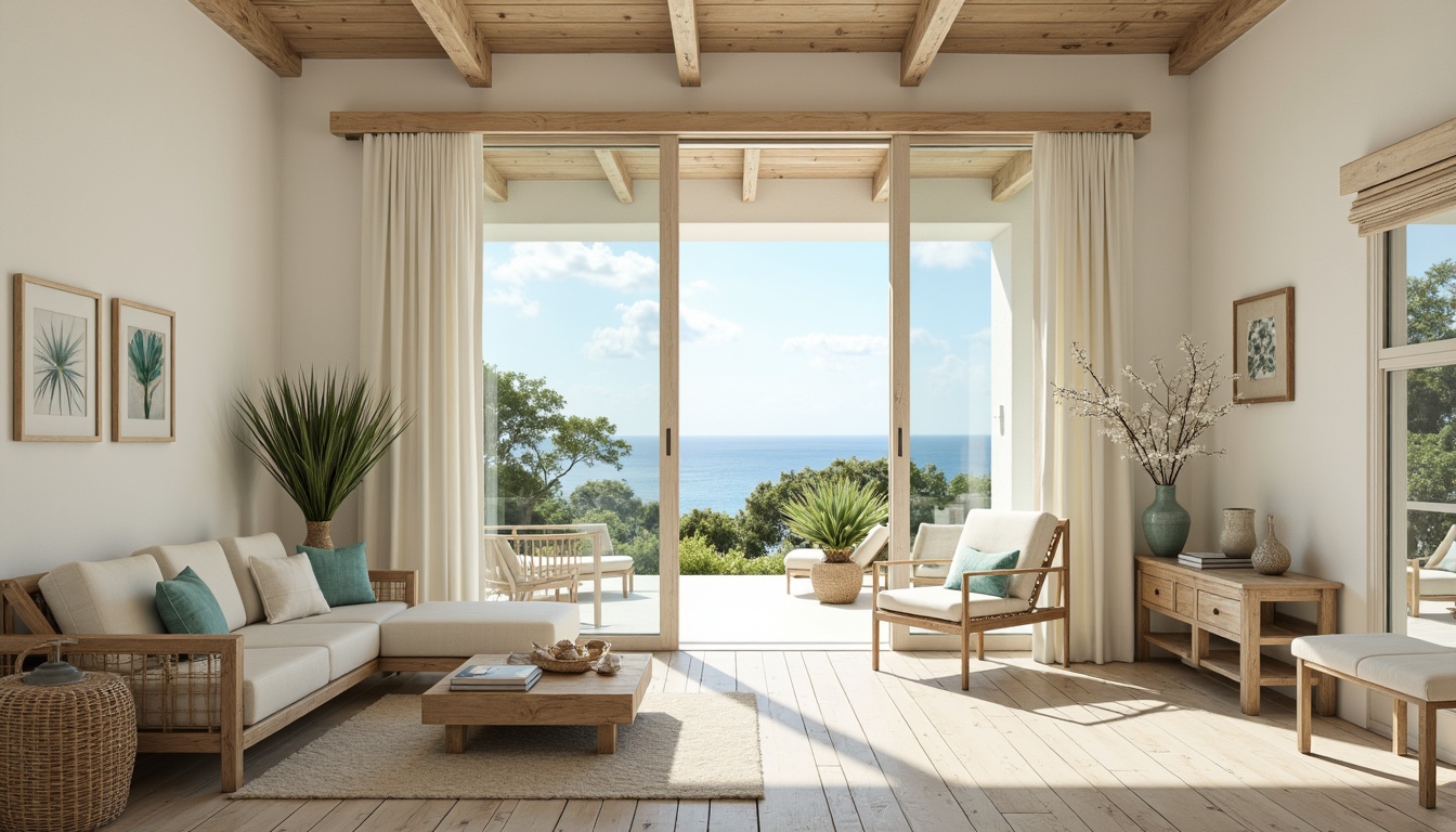 Prompt: Coastal villa, soft cream walls, large windows, sliding glass doors, ocean views, natural light pouring in, airy feel, beachy vibe, driftwood accents, woven rattan furniture, seashell decorations, calming turquoise hues, whitewashed wood floors, minimal ornamentation, organic textiles, linen upholstery, sheer curtains, warm sunny day, shallow depth of field, 1/2 composition, realistic reflection, ambient occlusion.