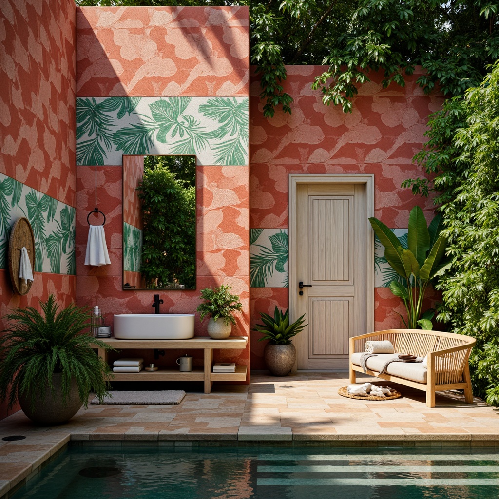 Prompt: Vibrant tropical bathroom, exotic tile patterns, bright coral hues, ocean-inspired mosaics, iridescent glass tiles, natural stone textures, lush greenery, botanical prints, rattan furniture, woven bamboo accents, coastal driftwood decor, warm LED lighting, shallow water effects, 1/1 composition, macro photography, realistic reflections, ambient occlusion.