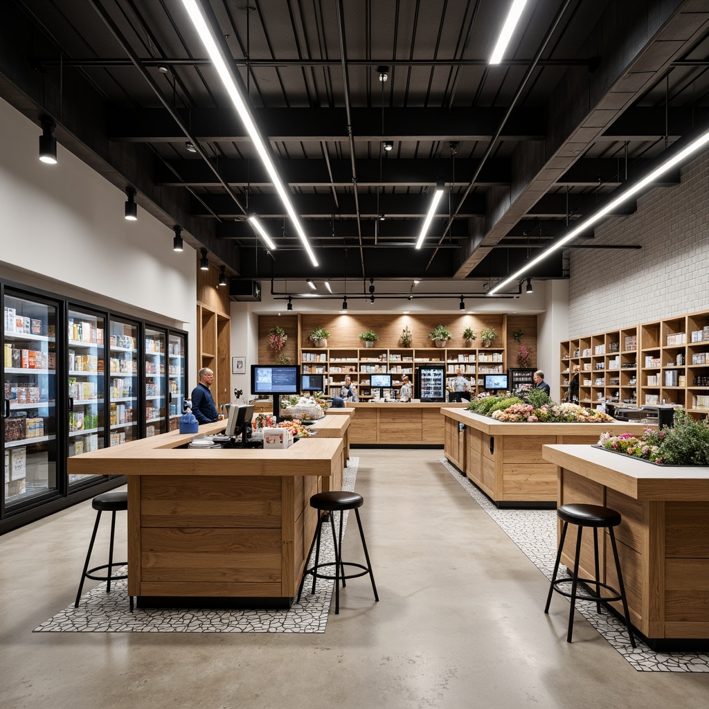 Prompt: Industrial chic grocery store interior, polished concrete floors, minimalist shelving units, neutral color palette, LED lighting, metal beams, exposed ductwork, reclaimed wood accents, modern industrial equipment, sleek cash registers, geometric patterned tiles, stainless steel refrigerators, open ceiling, airy atmosphere, soft natural light, shallow depth of field, 1/2 composition, realistic textures, ambient occlusion.