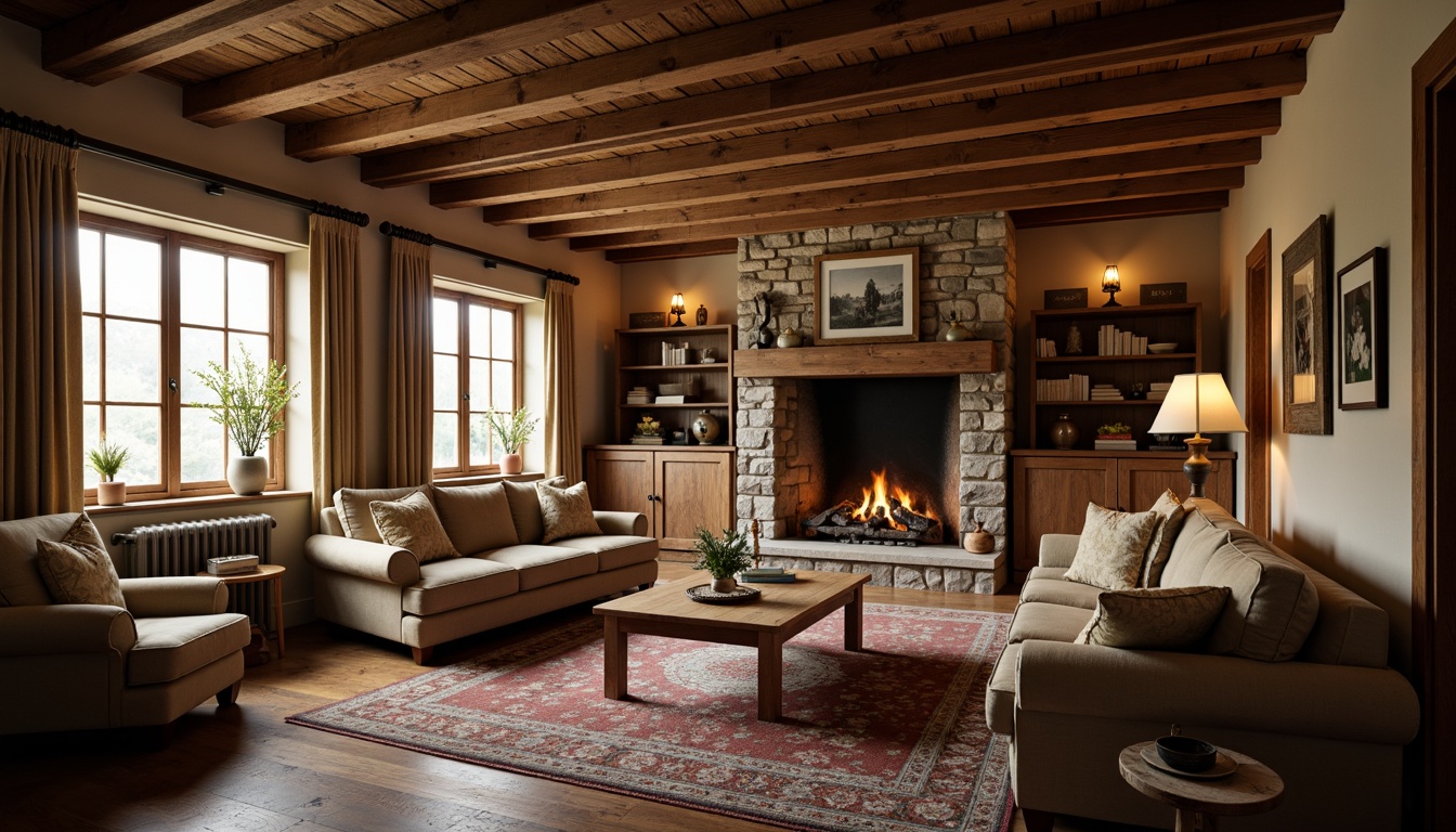 Prompt: Cozy living room, exposed wooden beams, natural wood tones, earthy color palette, rustic charm, vintage furniture, plush textiles, warm ambient lighting, large stone fireplace, comfortable seating area, richly stained wood accents, decorative trims, traditional craftsmanship, inviting atmosphere, soft warm glow, shallow depth of field, 1/1 composition, realistic textures, ambient occlusion.