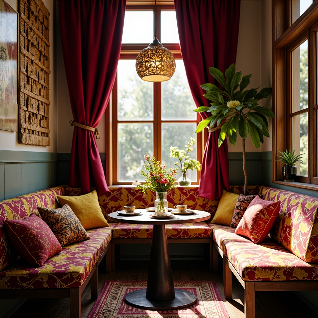 Prompt: Vibrant eclectic breakfast nook, bold patterned textiles, colorful mismatched chairs, rustic wooden tables, natural woven fibers, plush throw pillows, rich velvet drapes, warm golden lighting, intimate cozy atmosphere, soft focus photography, 1/1 composition, realistic fabric simulations.