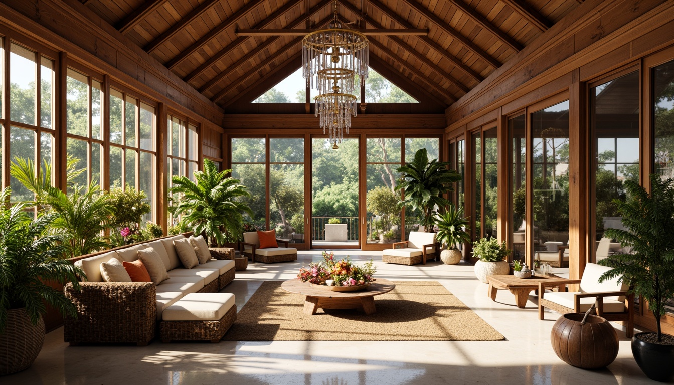 Prompt: Elegant sunroom, ornate wooden accents, lavish furnishings, plush cushions, intricate carvings, grand chandeliers, crystal prisms, marble floors, floor-to-ceiling windows, sliding glass doors, tropical plants, vibrant floral arrangements, warm natural light, soft diffused shadows, 1/1 composition, shallow depth of field, realistic textures, ambient occlusion.