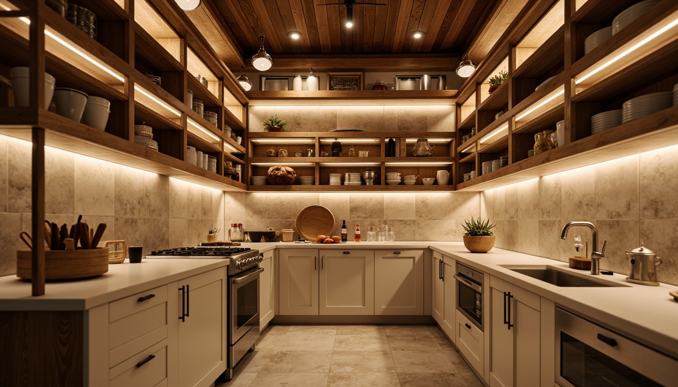 Prompt: Warm pantry, rustic wooden shelves, ambient soft lighting, warm beige tones, cozy atmosphere, pendant lamps, recessed ceiling lights, under-cabinet lighting, glass-front cabinets, polished chrome hardware, creamy white countertops, natural stone backsplashes, earthy color palette, 3/4 composition, shallow depth of field, realistic textures, softbox lighting.