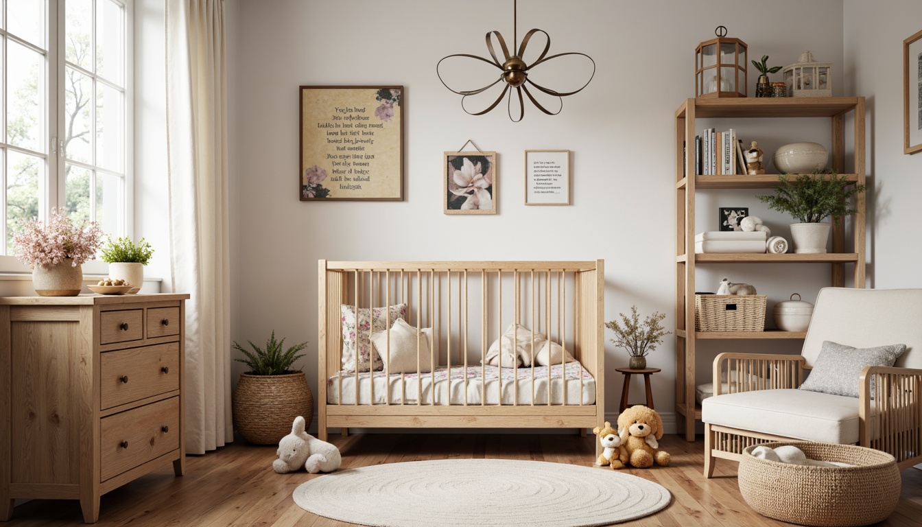 Prompt: Rustic baby room, farmhouse style, wooden crib, vintage metal decorations, distressed wood furniture, soft pastel colors, floral patterns, natural textiles, woven baskets, plush toys, cozy reading nook, warm lighting, shallow depth of field, 1/1 composition, realistic textures, ambient occlusion, creamy whites, weathered wood accents, earthy tones, nursery rhyme inspired wall art.